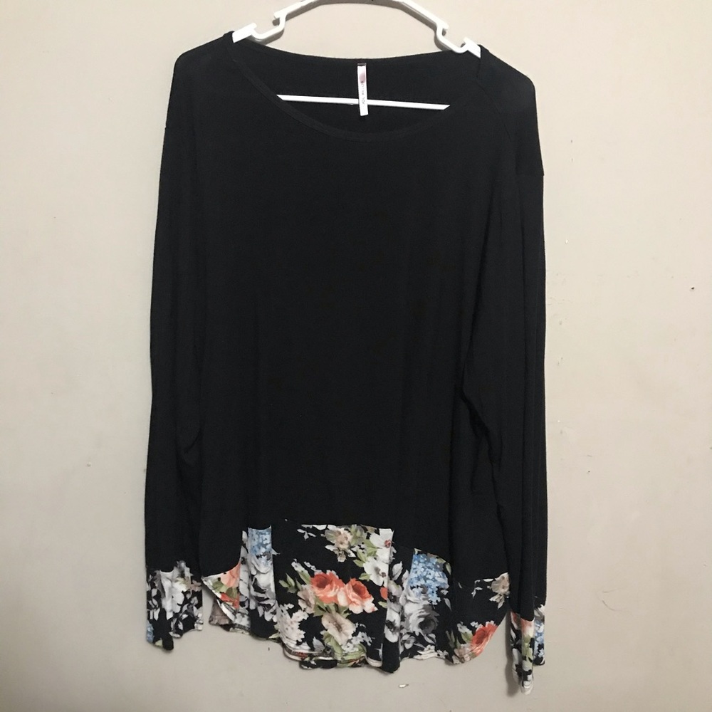 Cool Melon Long Sleeve Black Tunic Floral Hem